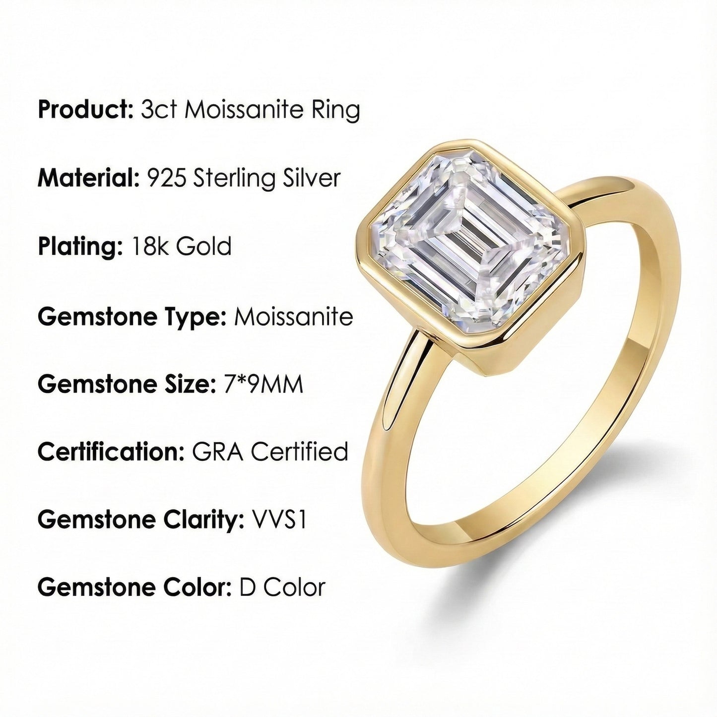 3ct Moissanite Classic Bezel Ring in 18K Gold-Plated S925
Silver