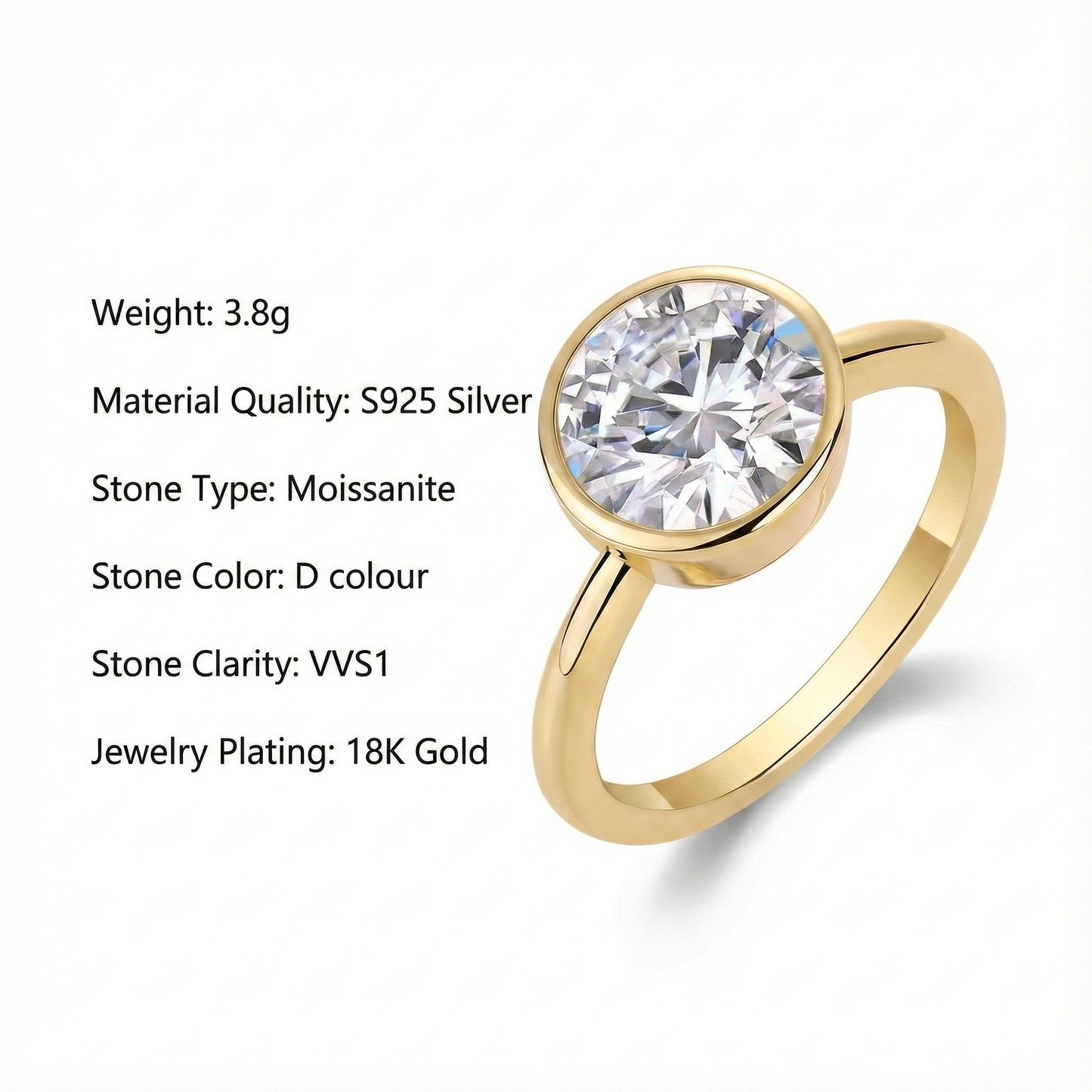 3ct Moissanite Classic Bezel Ring in 18K Gold-Plated S925
Silver