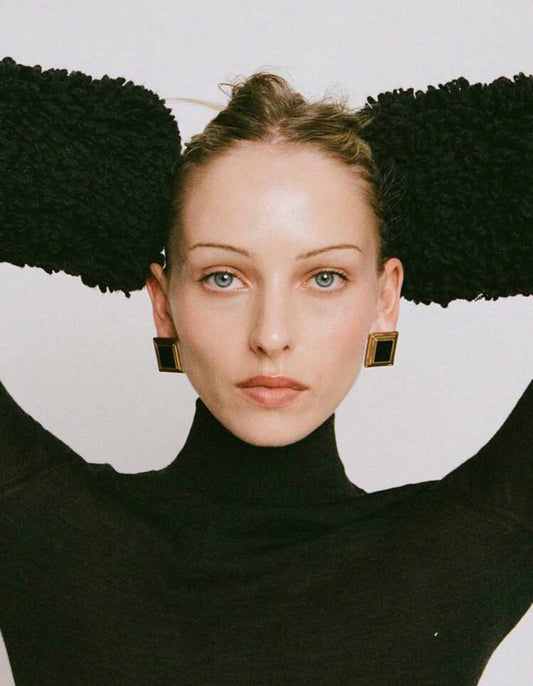 Nera Earrings – gold stepped frame stud earrings with a glossy black centre by ISHEEM