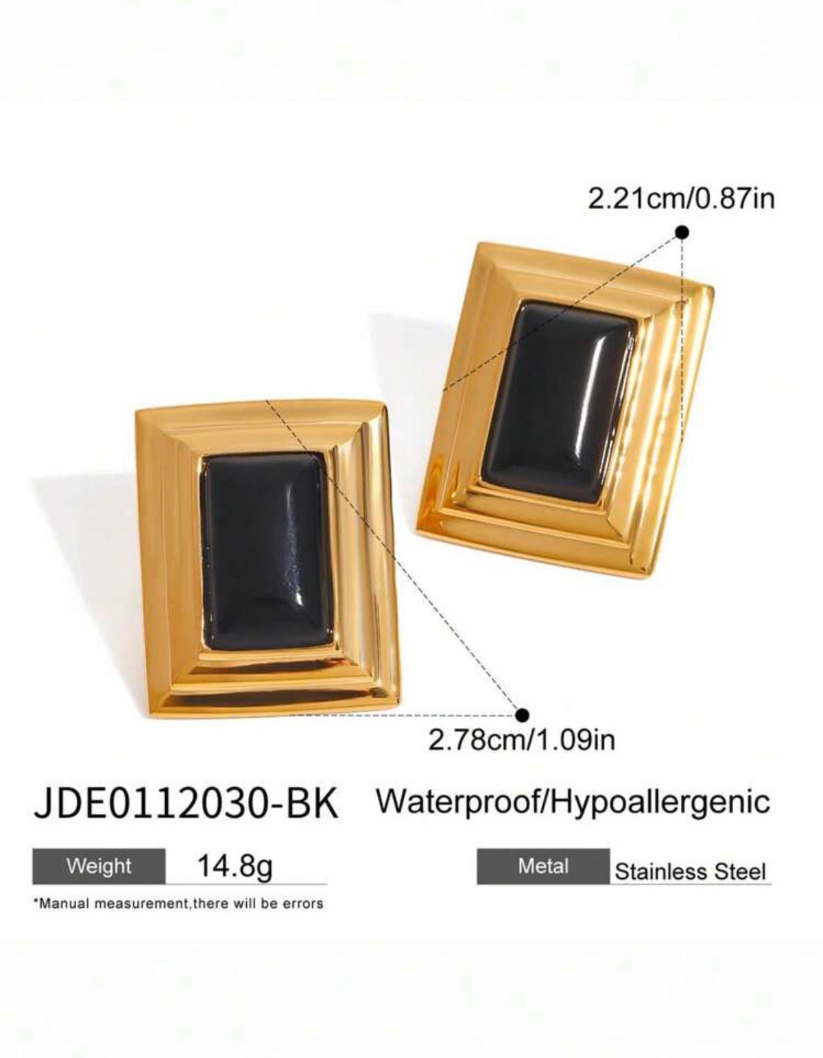 Nera Earrings – gold stepped frame stud earrings with a glossy black centre by ISHEEM